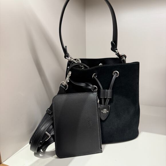 Coach Rowan Bucket Bag With Cherry Charm CCZ89 Suede/Silver/Black - Picture 1 of 10